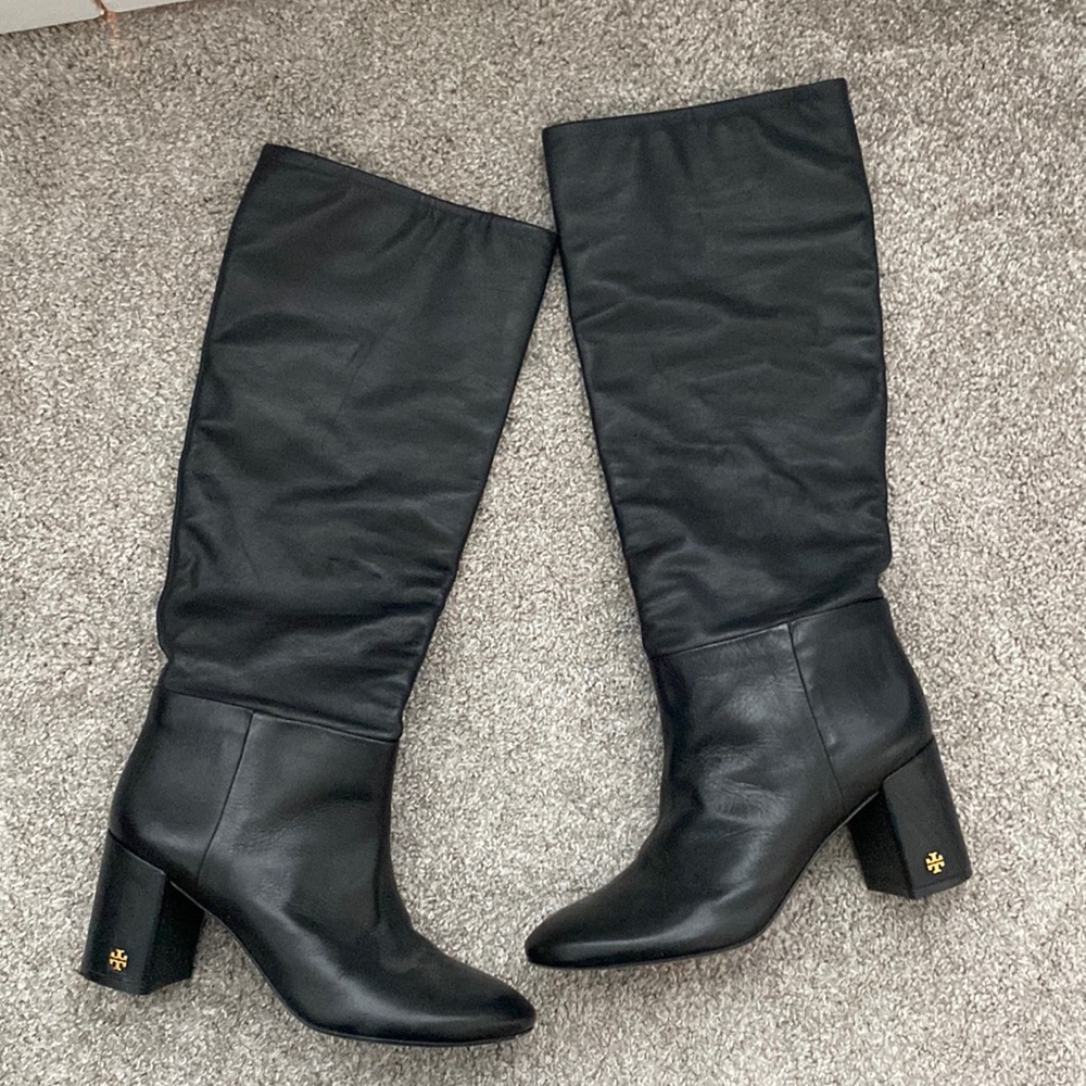Mint condition Slouchy black leather Tory Burch knee high boots, 8.5